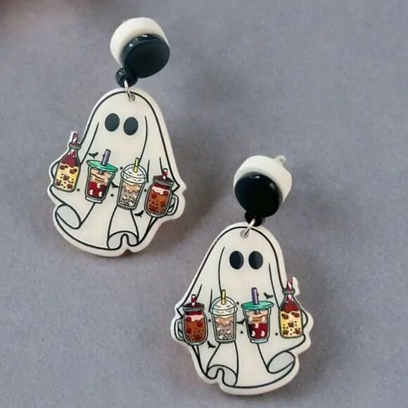 Jewelry - Adorable Iced Coffee Ghost Earrings Acrylic Bubble Tea Halloween